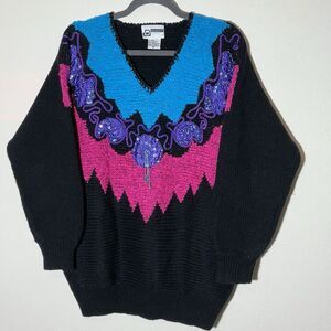 Womens M Abstract Colorblock‎ Pullover Sweater Distinctly Different Vtg 70's
